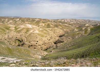 A Panoramic View Of The Prat Brook, On The Edge Of The Judea Desert, Israel, At Spring Time.