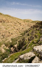 A Panoramic View Of The Prat Brook, On The Edge Of The Judea Desert, Israel, At Spring Time.