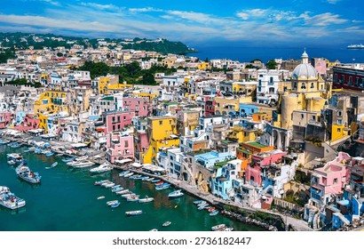 Panoramic view of Procida Island, a comune of the Metropolitan City of Naples, Campania, Italy.