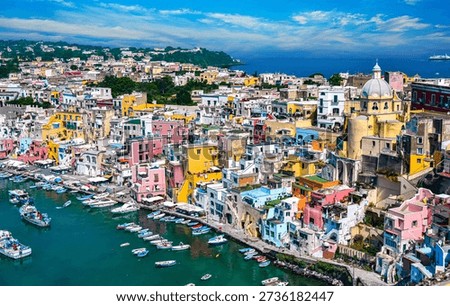 Panoramic view of Procida Island, a comune of the Metropolitan City of Naples, Campania, Italy.