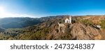 Panoramic view of a Prophet Elias church on cliff overlooking Troodos mountains. Agridia village, Limassol District, Cyprus