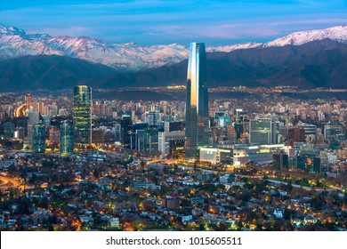 Panoramic view of Providencia and Las Condes districts with Costanera Center skyscraper, Titanium Tower and Los Andes Mountain Range, Santiago de Chile