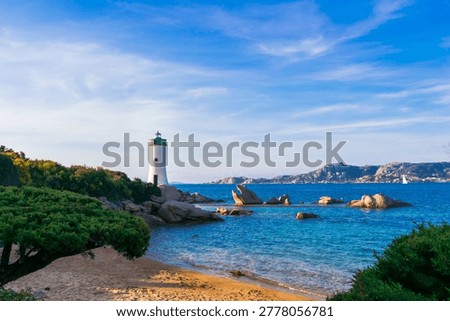 Panoramic view of Punta Palau Lighthouse with La Maddalena Island and the Tyrrhenian Sea in the background, Sardinia Island, Italy