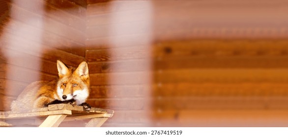 Panoramic view of a red fox lying on a wooden platform in a rustic shelter. Wild animal in captivity or rescue center concept with soft blurred foreground and copy space. 
