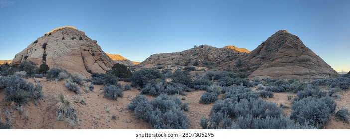Panoramic view of red sandstone formations and desert vegetation under a clear blue sky at sunset.
