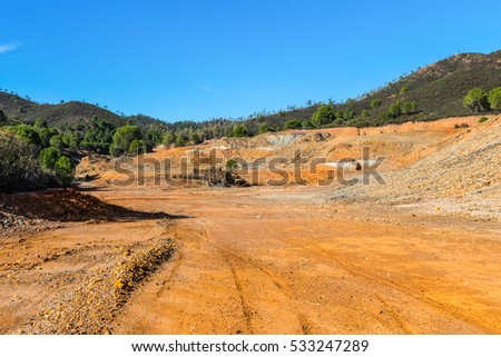 Panoramic view of remains in antique exploitation of copper mine in village Sotiel Coronada in  Huelva, Andalusia, Spain