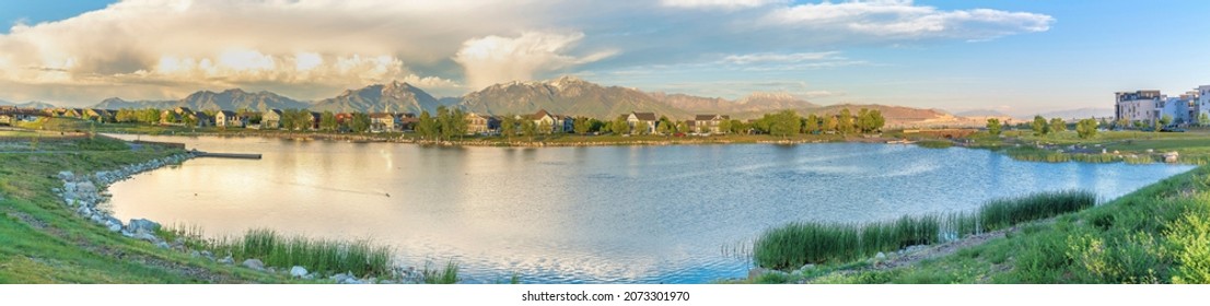 Panoramic view of the residential area against the mountain range background at Daybreak, Utah