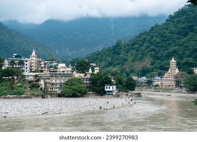 panoramic view of rishikesh river bank, india