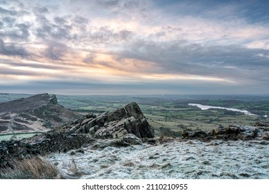 Panoramic view from The Roaches, Staffordshire. Winter sunrise in the Peak District National Park, UK.