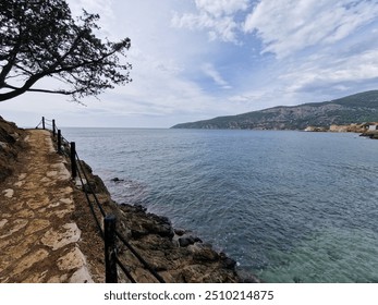 A panoramic view of a rocky cliff extending into the sea, with a lone tree standing tall, offering a dramatic and scenic coastal landscape. - Powered by Shutterstock