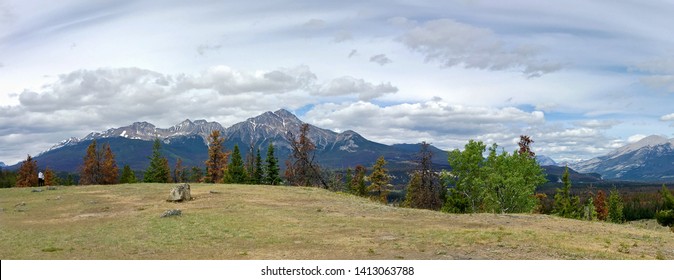 Panoramic View Of The Rocky Mountains In Jasper National Park In Summer From The Top Of The Hill, Jasper, Alberta, Canada