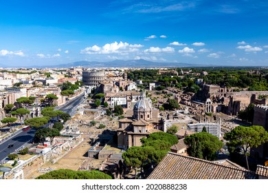 Panoramic View To The Roman Colloseum And The Roman Forum Also Called Forum Romanum In Rome, Italy