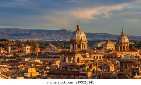 Panoramic view of Rome historical center old skyline at sunset with Church of St. Andrew of the Valley beautiful baroque dome - Shutterstock ID 2193215141