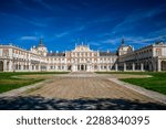 Panoramic view of the Royal Palace of Aranjuez, in Madrid, Spain. 16th century palace in mid-afternoon light