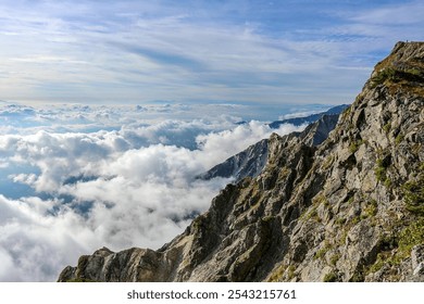 Panoramic view of a rugged mountain range with sharp peaks and lush greenery above a sea of clouds - Powered by Shutterstock