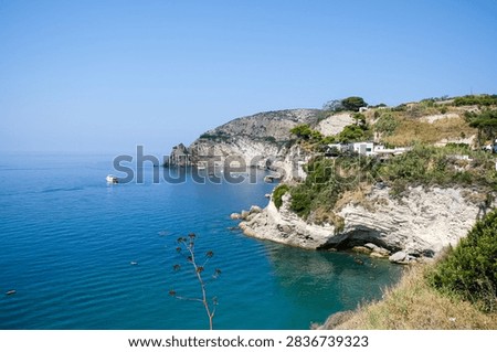 Panoramic View of Rugged Volcanic Cliffs and Turquoise Sea in Ischia. A scenic high-angle view capturing the dramatic, rocky coastline near Sant'Angelo and Sorgeto Bay on the island of Ischia, Italy. The image displays steep, white volcanic cliffs topped with lush Mediterranean greenery, shrubs, and scattered white houses. Below, the calm, crystal-clear turquoise waters of the Tyrrhenian Sea stretch toward the horizon, dotted with small pleasure boats, yachts, and a distant cruise liner under a bright, cloudless summer sky.