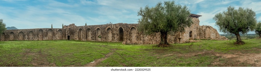 Panoramic View Of Ruined Medieval Castle Androusa Near Kalamata Greece With Two Towers And Olive Trees