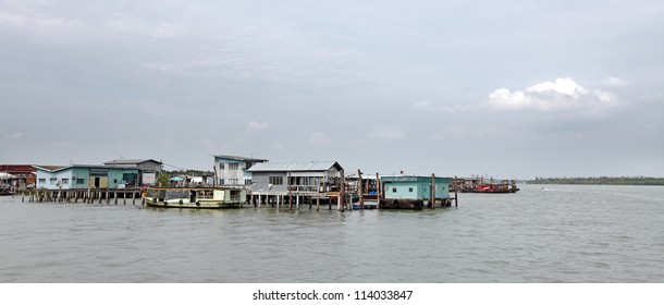 Panoramic View Of A Rural Chinese Floating Fishing Village In Pulau Ketam, Malaysia.