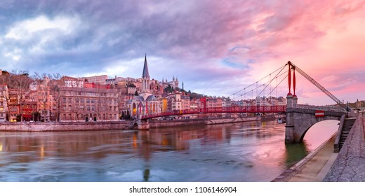 Panoramic View Of Saint Georges Church And Footbridge Across Saone River, Old Town With Fourviere Cathedral At Gorgeous Sunset In Lyon, France