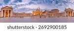 Panoramic view of Saint Peter Square and Saint Peter Basilica at dawn in Rome, Italy