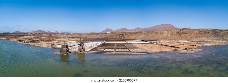 Panoramic view of the Salinas de Janubio, main salt production on the island of Lanzarote. Canary Islands, Spain, Europe.  - Shutterstock ID 2138995877