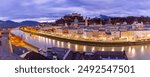 Panoramic view of Salzburg old town and Hohensalzburg Fortress at twilight, Austria