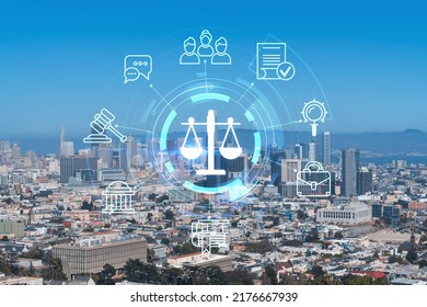 Panoramic view of San Francisco skyline, daytime from hill side. Financial District, residential neighborhoods. Glowing hologram legal icons. The concept of law, order, regulations and digital justice