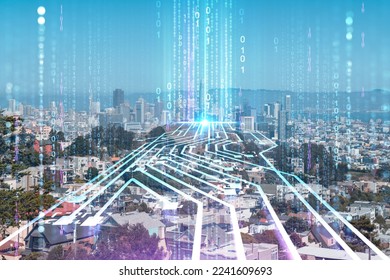 Panoramic view of San Francisco skyline, daytime from hill side. Financial District, residential neighborhood. Artificial Intelligence concept, hologram. AI, machine learning, neural network, robotics - Powered by Shutterstock