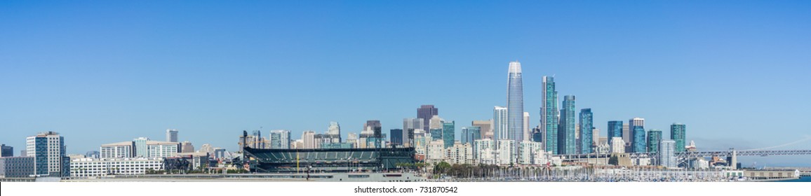 Panoramic View Of San Francisco Skyline As Seen From The Waterfront On A Sunny And Clear Day