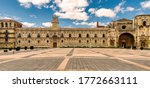 Panoramic view of San Marcos square in the Spanish city of Leon, site of namesake historic monastery and church; selective focus.