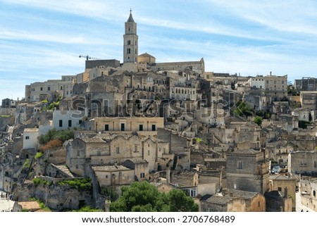 Panoramic view to the Sassi di Matera, an ancient cave-dwelling complex in the city of Matera, Basilicata, Southern Italy.  