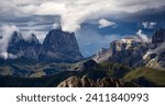 Panoramic view of Sassolungo and Sella group in Italian Dolomite from the Marmolada in South Tyrol, Italy.