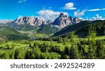 Panoramic view of Sassongher mountain and Corvara golf course 