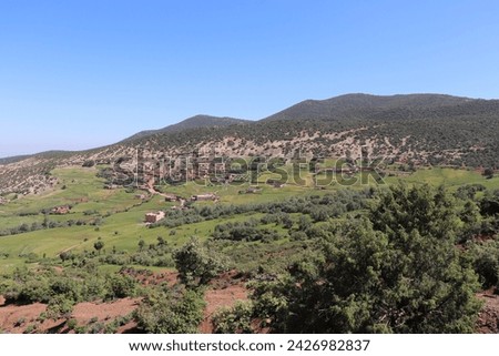 Panoramic view of scenic rural valley landscape with grass hills, wild bushes, fields and trees of beautiful moroccan landscape countryside at african Atlas mountains near Marrakech, Morocco, Africa.