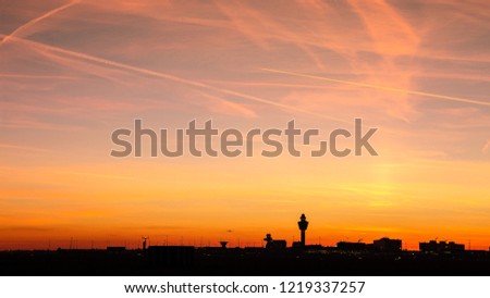 Panoramic view of Schiphol International Airport at sunset. Amsterdam, The Netherlands