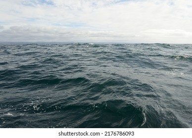 Panoramic view from the sea shore after the storm. Waves, splashes, water surface. Soft sunlight, clear sky. Idyllic seascape. Pure nature, environment, ecology