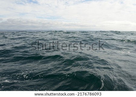 Panoramic view from the sea shore after the storm. Waves, splashes, water surface. Soft sunlight, clear sky. Idyllic seascape. Pure nature, environment, ecology