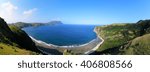 Panoramic view of the of the seaside with Mount Iraya in the background from Malboro country hills at Batan island, Batanes, Philippines