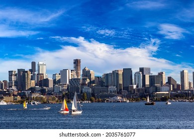 Panoramablick auf Seattle CitySeattle City am Lake Union in einem sonnigen Tag, Washington, USA