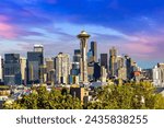 Panoramic view of Seattle cityscape  at sunset, Washington, USA