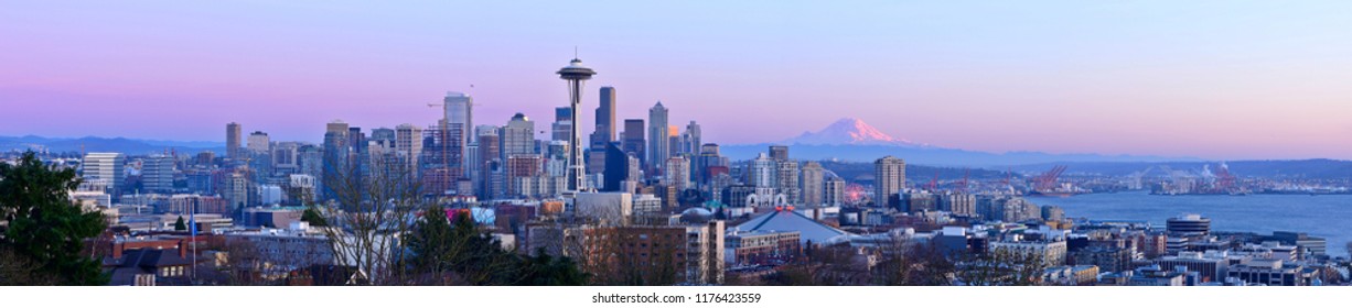 Panoramic View Of Seattle Skyline At Dusk 