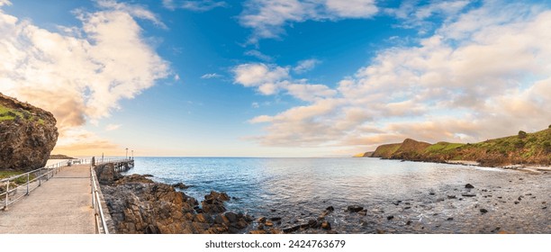 Panoramic view of Second Valley beach with jetty at sunset, Fleurieu Peninsula, South Australia
