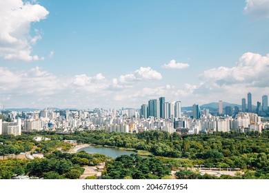 Panoramic view of Seoul city and green forest from Sky park in Korea