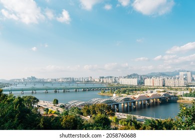 Panoramic view of Seoul city and Han river park in Korea