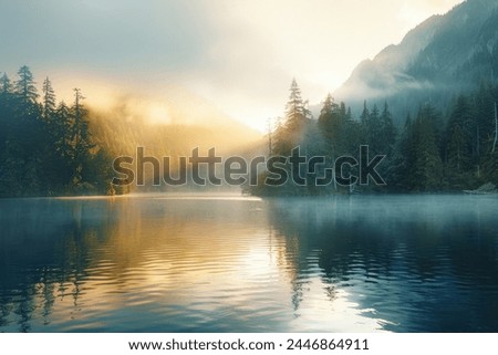 Image, Stock Photo Misty morning with a great crested grebe on tranquil water