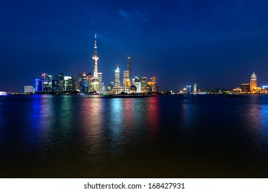 Panoramic View Of Shanghai Skyline With Huangpu River At Dusk