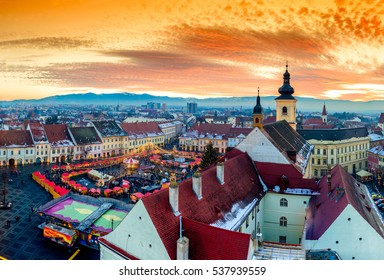 Panoramic view of Sibiu central square in Transylvania, Romania. City also known as Hermannstadt. Sunset HDR hi-resolution photography.