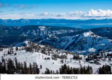 Panoramic View Of The Sierra Nevada Mountains And Lake Tahoe From The Squaw Valley Ski Resort, Home Of The 1960 Winter Olympics, Between Truckee And Tahoe City, On A Winter Day In December