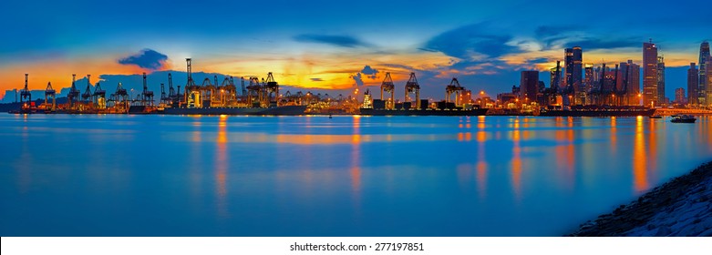 Panoramic View Of Singapore Container Port At Sunset