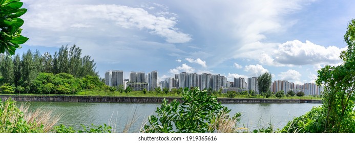 Panoramic view of Singapore Public Housing Apartments in Punggol District, Singapore. Housing Development Board(HDB), View from the park with green grass field and lake